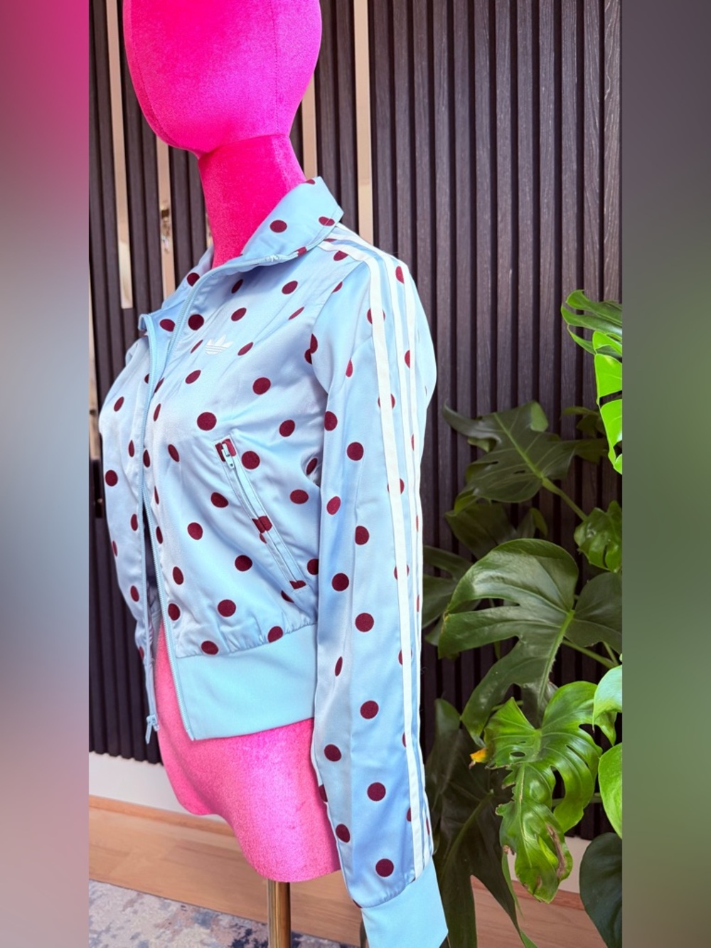 adidas Light Blue Bomber Jacket with Burgundy Polka Dots
